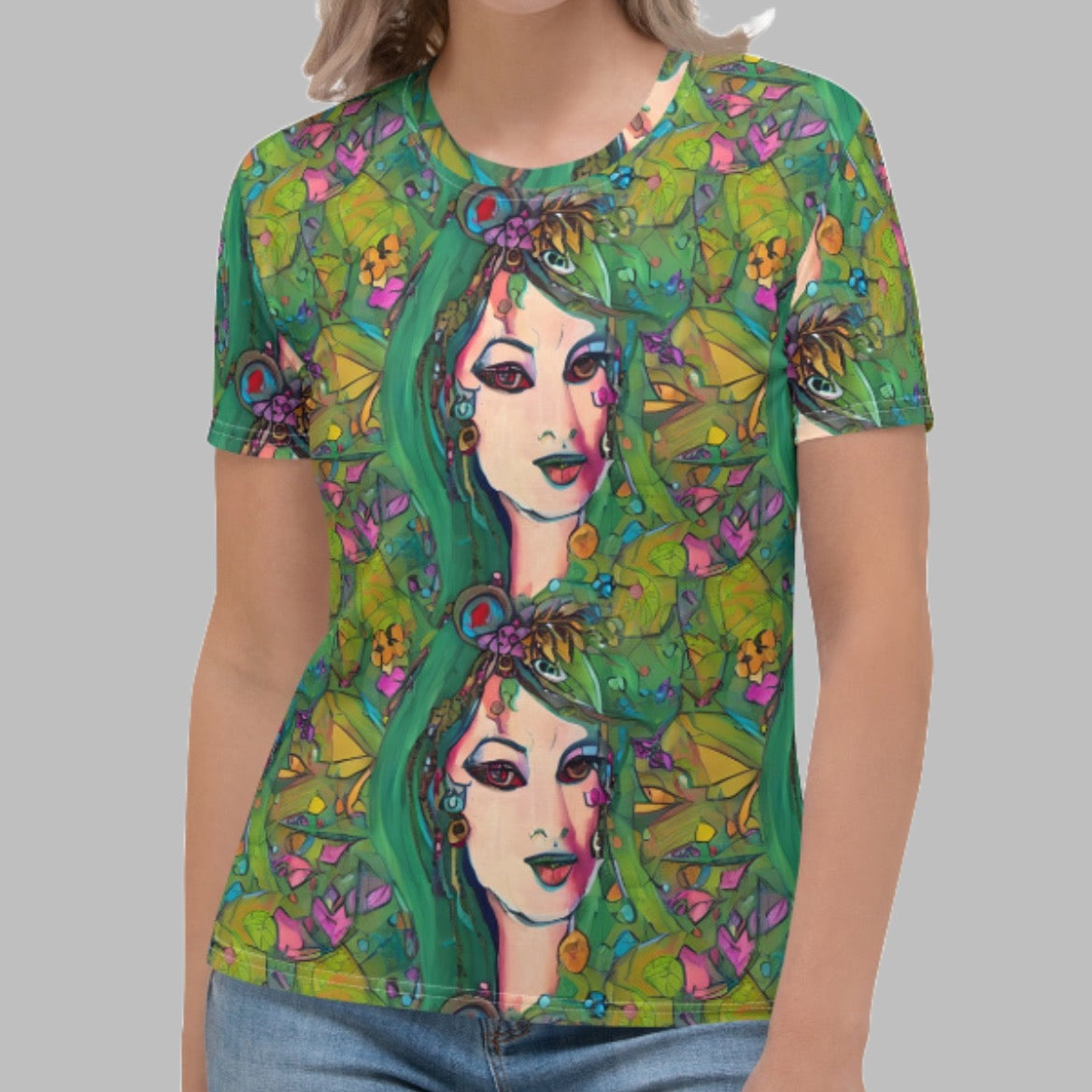 Adelaide Green Goddess Women's T-shirt by Chameleon Surf, crafted in a soft cotton-touch polyester jersey blend, offering vibrant emerald green color and effortless summer style, perfect for beach outings, yoga, and casual wear.