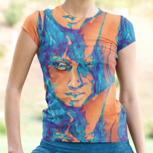 Aiden Orange Blue Goddess Women's T-shirt by Chameleon Surf, featuring a vibrant orange and blue goddess design, crafted from soft cotton-touch polyester jersey fabric, perfect for summer adventures, yoga, hiking and casual wear.