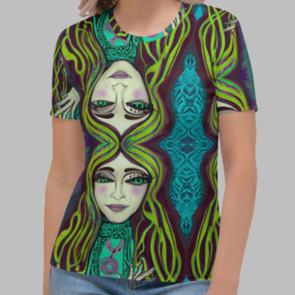 Amphitrite Sea Goddess Women's T-shirt by Chameleon Surf, a blue-green tee crafted from premium knit mid-weight jersey with four-way stretch, offering a boho-inspired regular fit for comfort and style. Travel wear, Casual Tee.