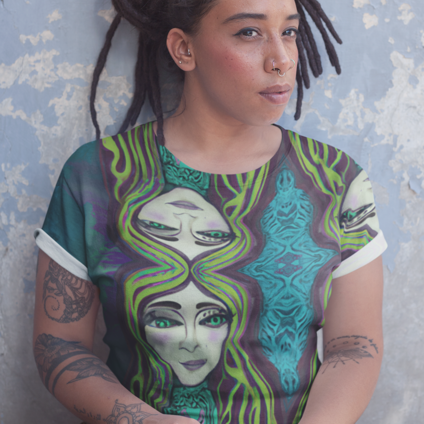 Amphitrite Sea Goddess Women's T-shirt by Chameleon Surf, a blue-green tee crafted from premium knit mid-weight jersey with four-way stretch, offering a boho-inspired regular fit for comfort and style. Travel wear, Casual Tee.