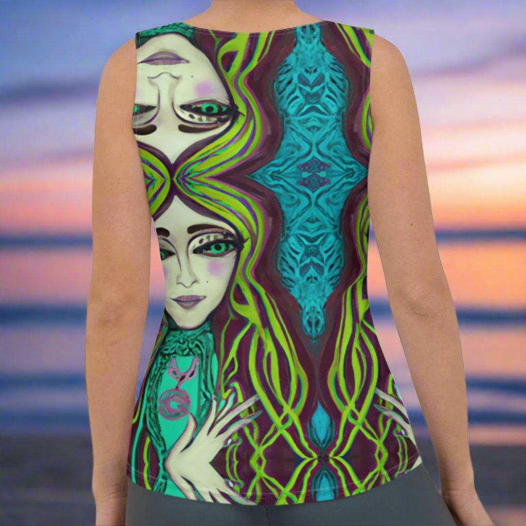 Amphitrite Sea Goddess Women's Tank Top by Chameleon Surf, a blue-green tank crafted from a luxurious polyester-spandex blend with four-way stretch, designed for comfort and elegance, perfect for beach outings and yoga.