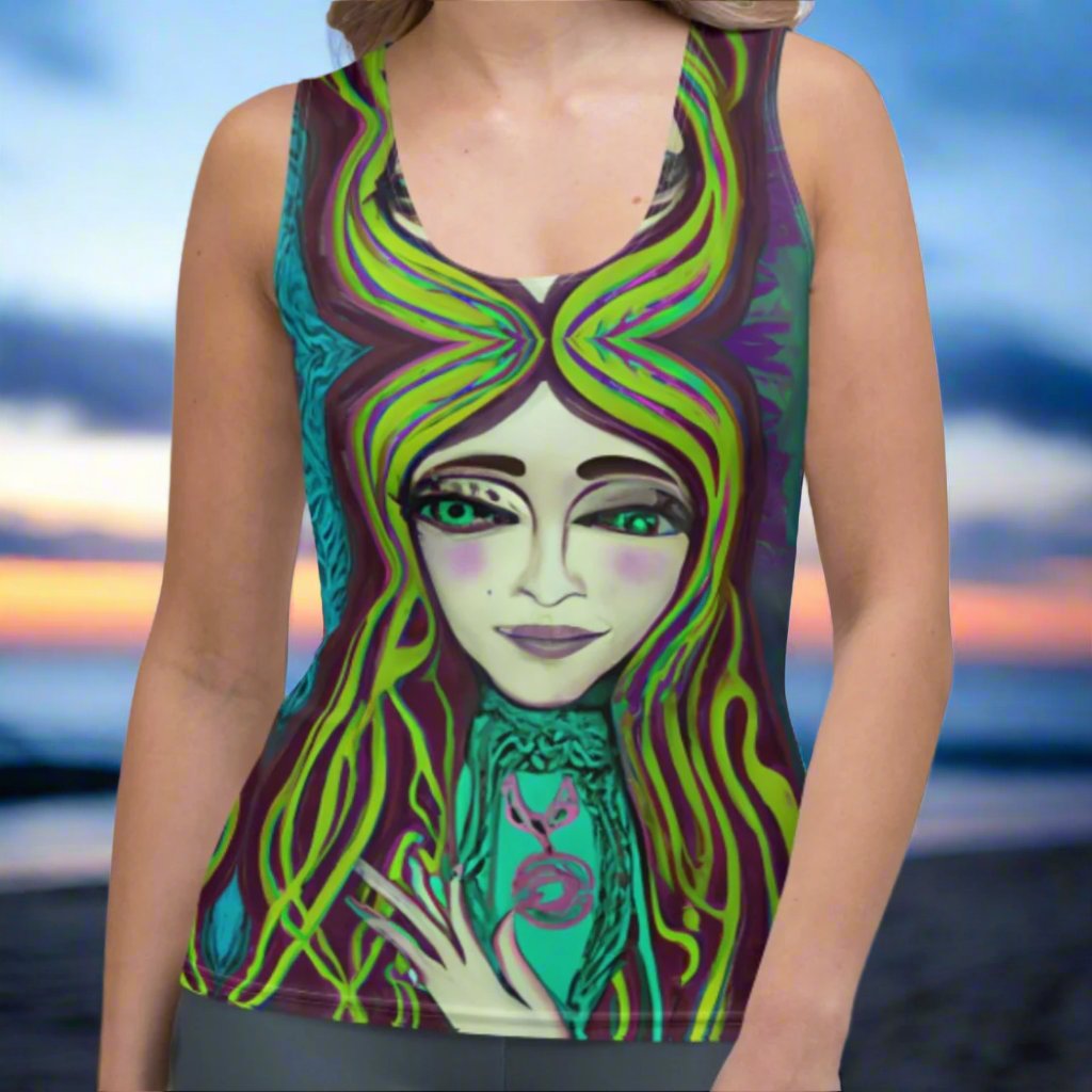 Amphitrite Sea Goddess Women's Tank Top by Chameleon Surf, a blue-green tank crafted from a luxurious polyester-spandex blend with four-way stretch, designed for comfort and elegance, perfect for beach outings and yoga.