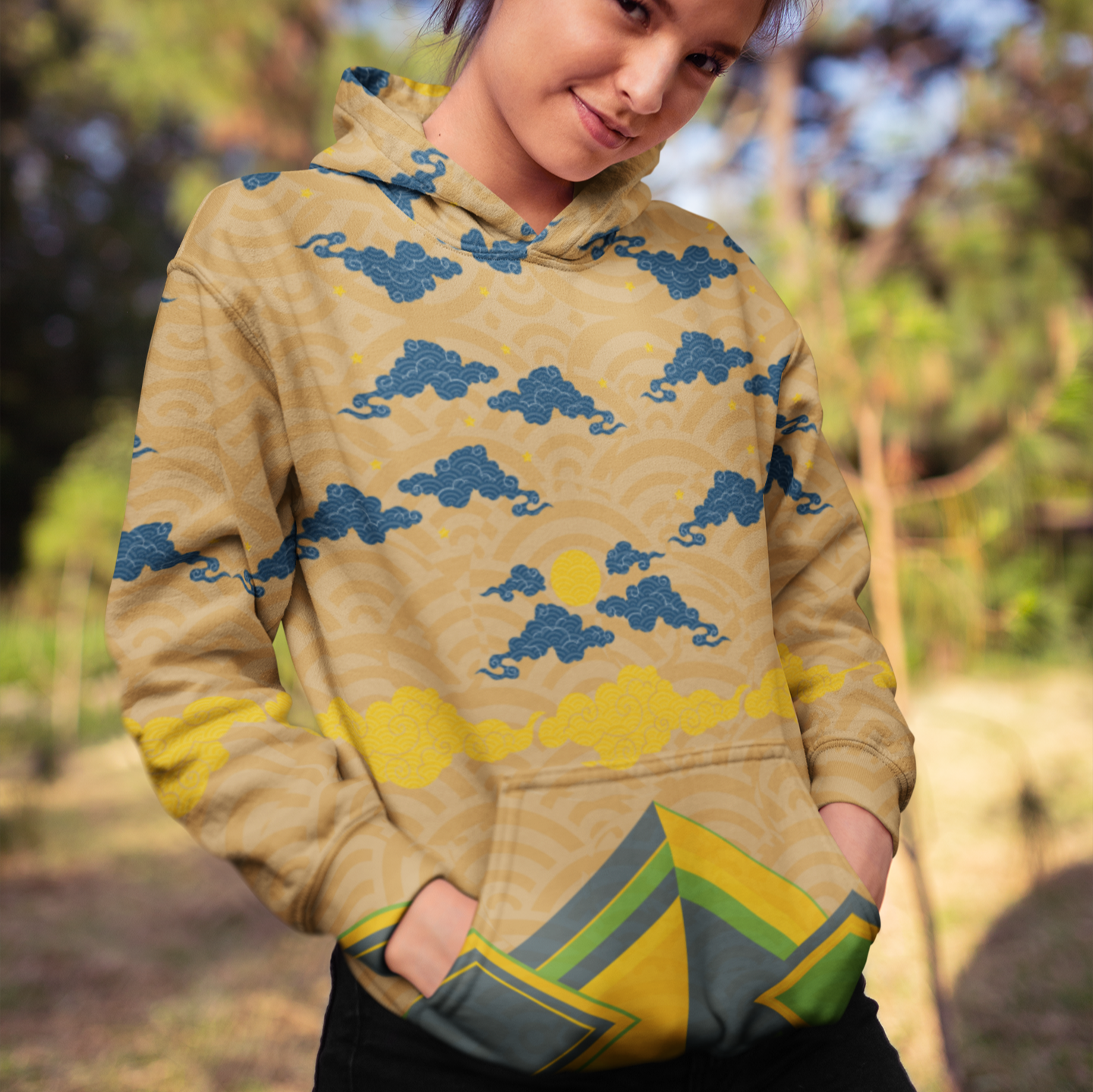 Japan Sky Reflective Mountains Mustard Yellow Beach Hoodie, a cozy unisex sweatshirt with a vibrant mountain print, soft cotton-feel fabric, and brushed fleece lining, perfect for beach strolls and lounging.