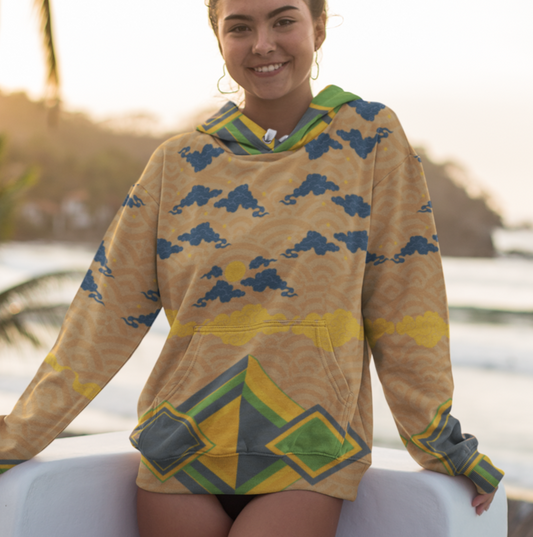 Japan Sky Reflective Mountains Mustard Yellow Beach Hoodie, a cozy unisex sweatshirt with a vibrant mountain print, soft cotton-feel fabric, and brushed fleece lining, perfect for beach strolls and lounging.