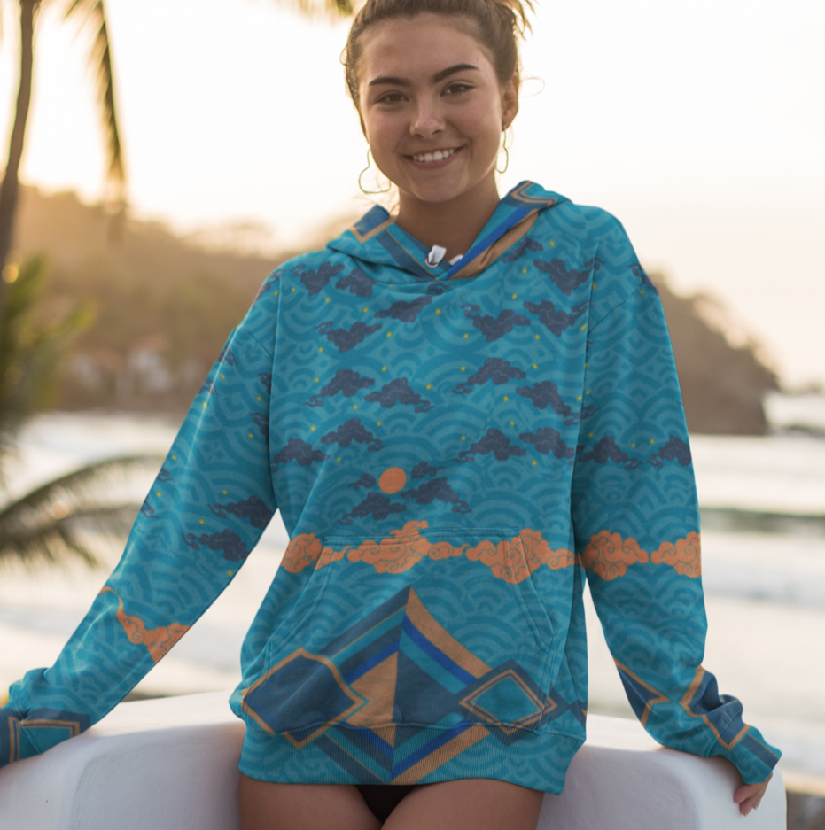 Japan Sky Reflective Mountains Turquoise Beach Hoodie, a cozy unisex sweatshirt with a vibrant mountain print, soft cotton-feel fabric, and brushed fleece lining, perfect for beach strolls and lounging.