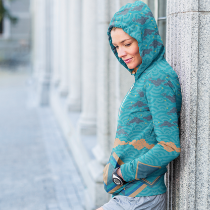 Japan Sky Reflective Mountains Turquoise Beach Hoodie, a cozy unisex sweatshirt with a vibrant mountain print, soft cotton-feel fabric, and brushed fleece lining, perfect for beach strolls and lounging.