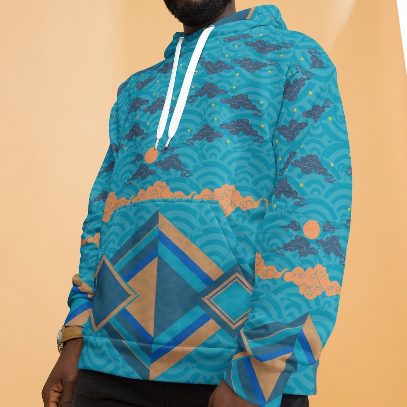 Japan Sky Reflective Mountains Turquoise Beach Hoodie, a cozy unisex sweatshirt with a vibrant mountain print, soft cotton-feel fabric, and brushed fleece lining, perfect for beach strolls and lounging.