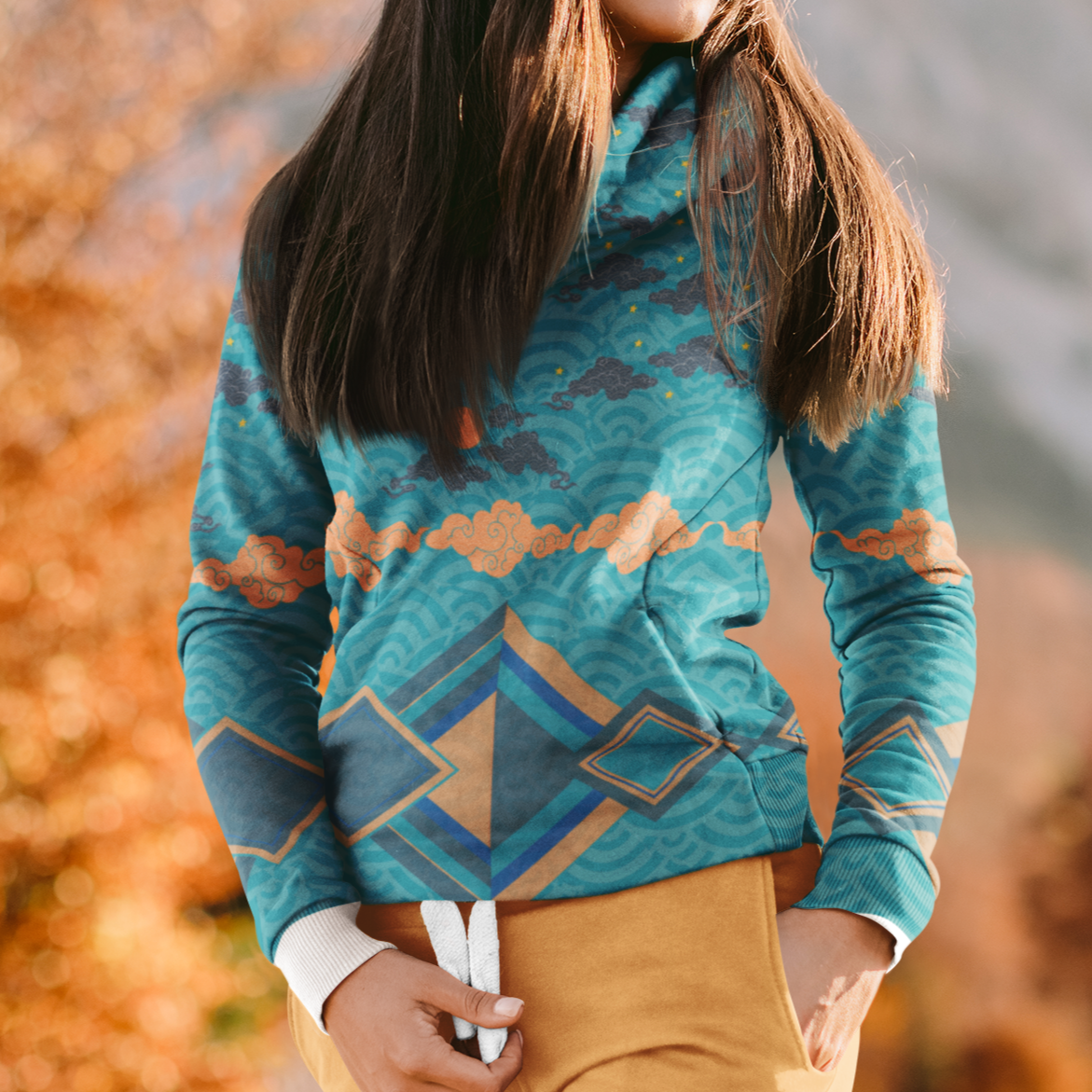 Japan Sky Reflective Mountains Turquoise Beach Hoodie, a cozy unisex sweatshirt with a vibrant mountain print, soft cotton-feel fabric, and brushed fleece lining, perfect for beach strolls and lounging.