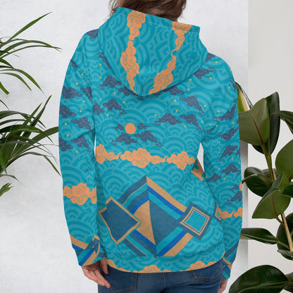 Japan Sky Reflective Mountains Turquoise Beach Hoodie, a cozy unisex sweatshirt with a vibrant mountain print, soft cotton-feel fabric, and brushed fleece lining, perfect for beach strolls and lounging.