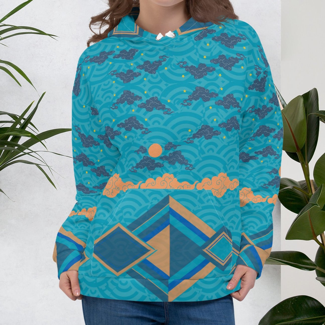 Japan Sky Reflective Mountains Turquoise Beach Hoodie, a cozy unisex sweatshirt with a vibrant mountain print, soft cotton-feel fabric, and brushed fleece lining, perfect for beach strolls and lounging.