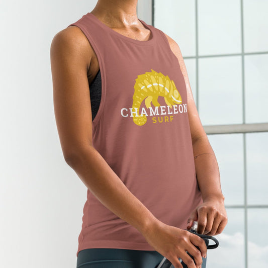 Yellow Chameleon Surf Women's Muscle Tank Top in Mauve Pink, featuring soft flowy fabric, low-cut armholes, and a relaxed summer vibe – perfect for beach days, yoga, travel, workout, gym and casual wear