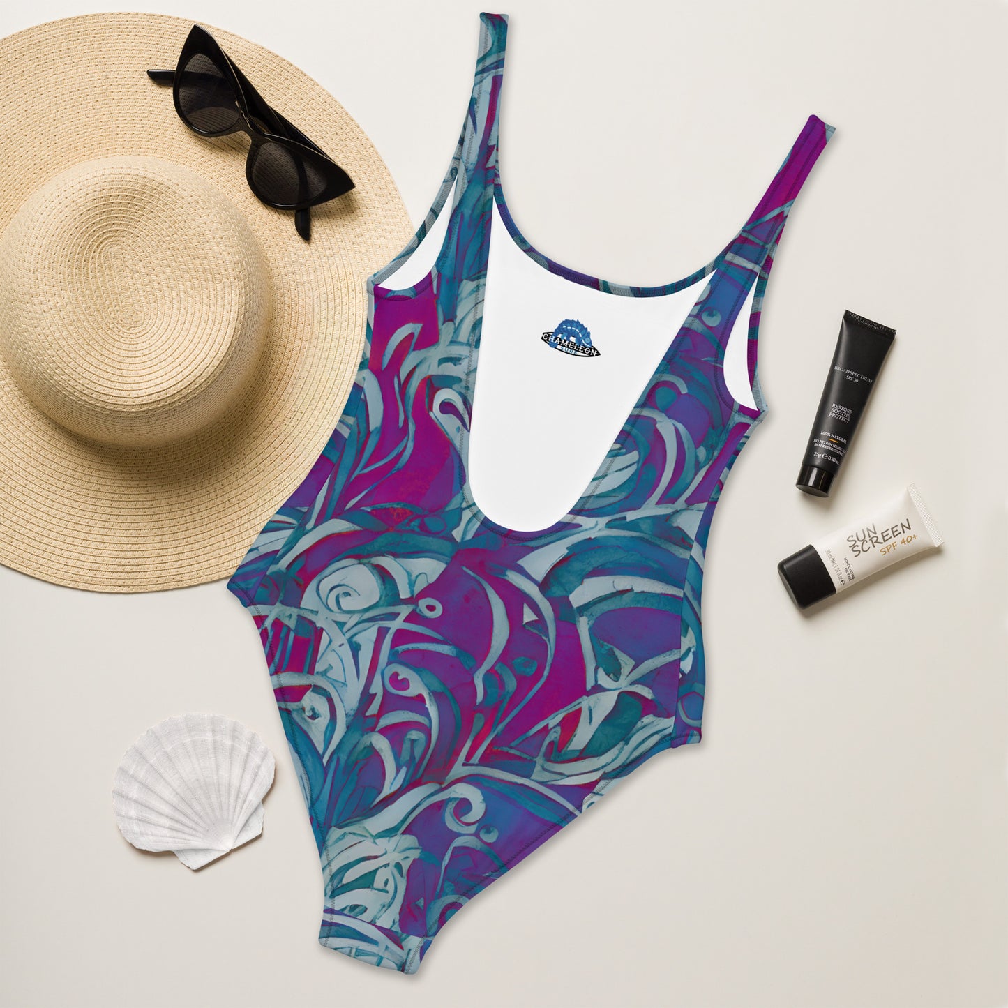 Purple Swirl Art Deco One-Piece Swimsuit