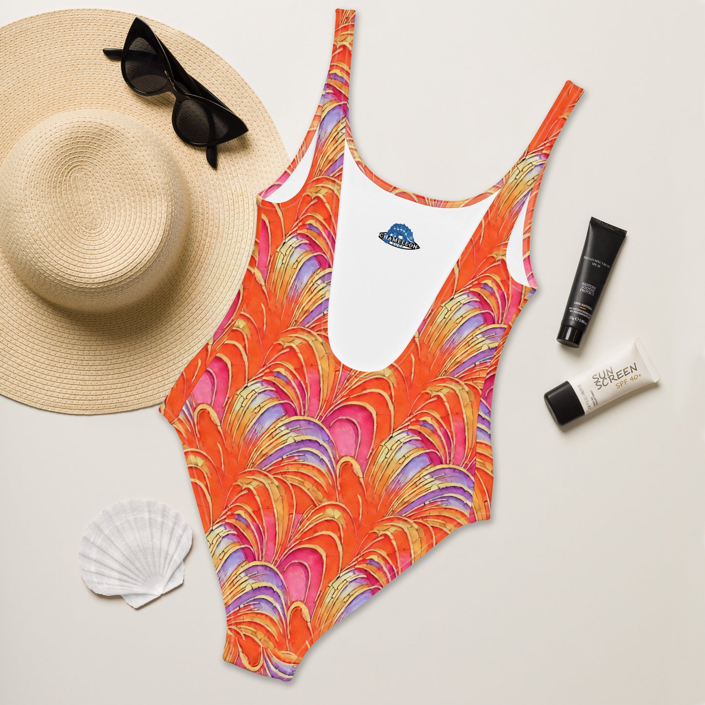 Orange Pink Art Deco One-Piece Swimsuit