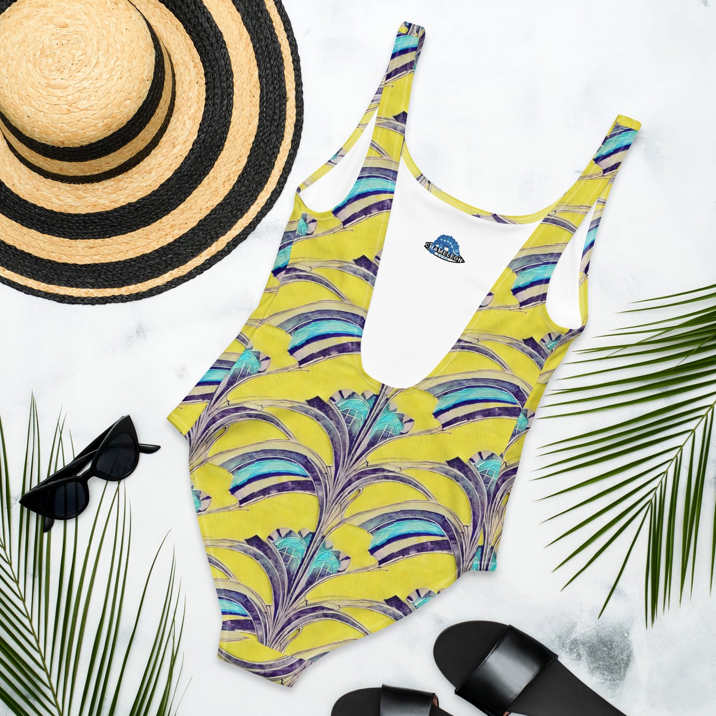 Blue Flower Yellow Art Deco One-Piece Swimsuit