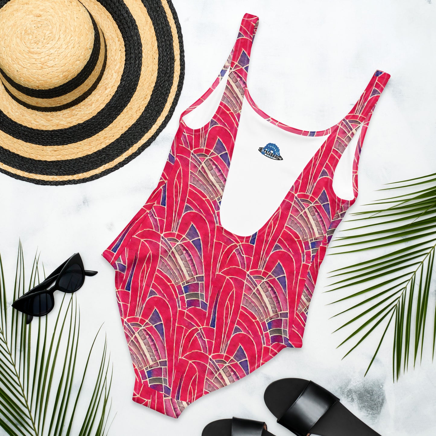 Red Fern Art Deco One-Piece Swimsuit