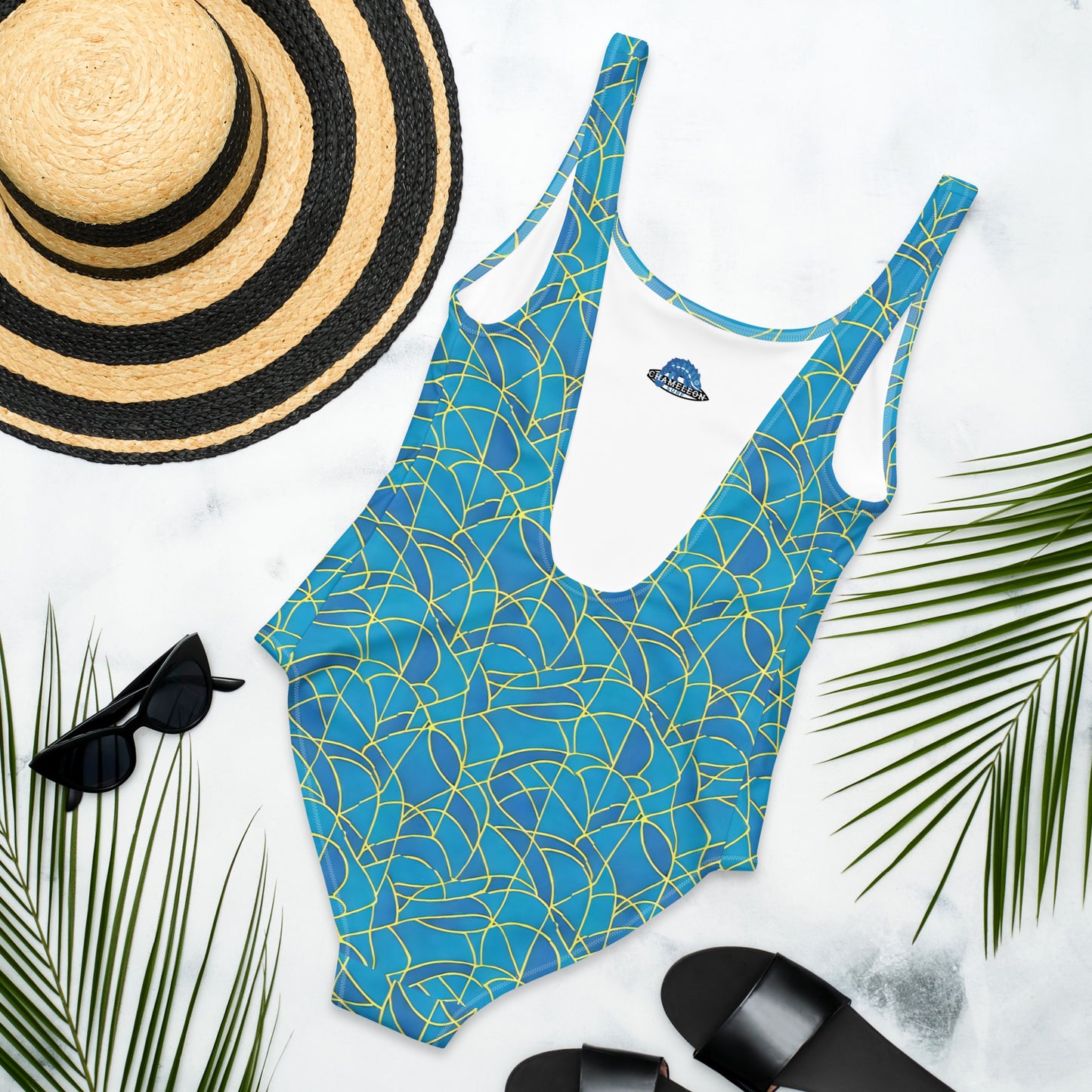 Teal Blue Glass Art Deco One-Piece Swimsuit