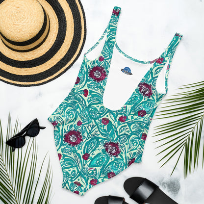 Teal Red Flowers One-Piece Swimsuit