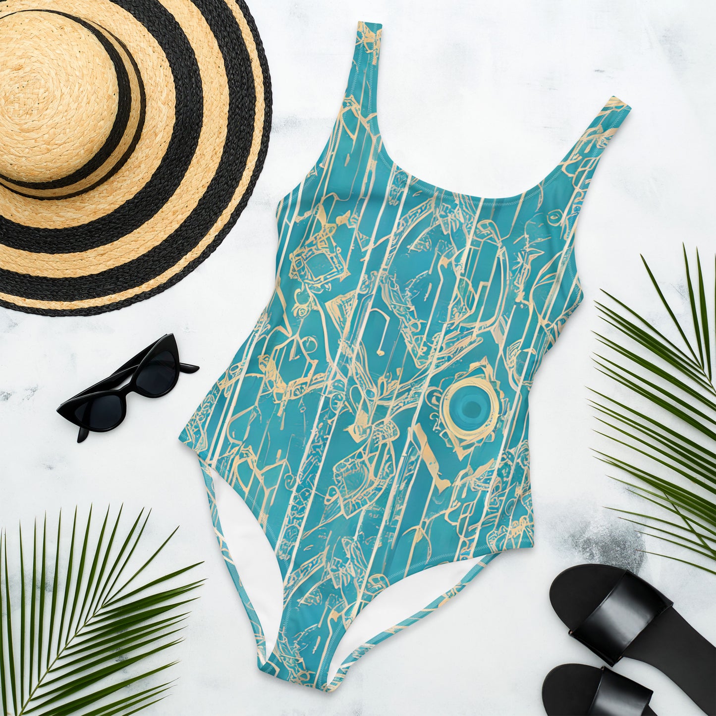 Art Deco Turquoise Eye One-Piece Swimsuit