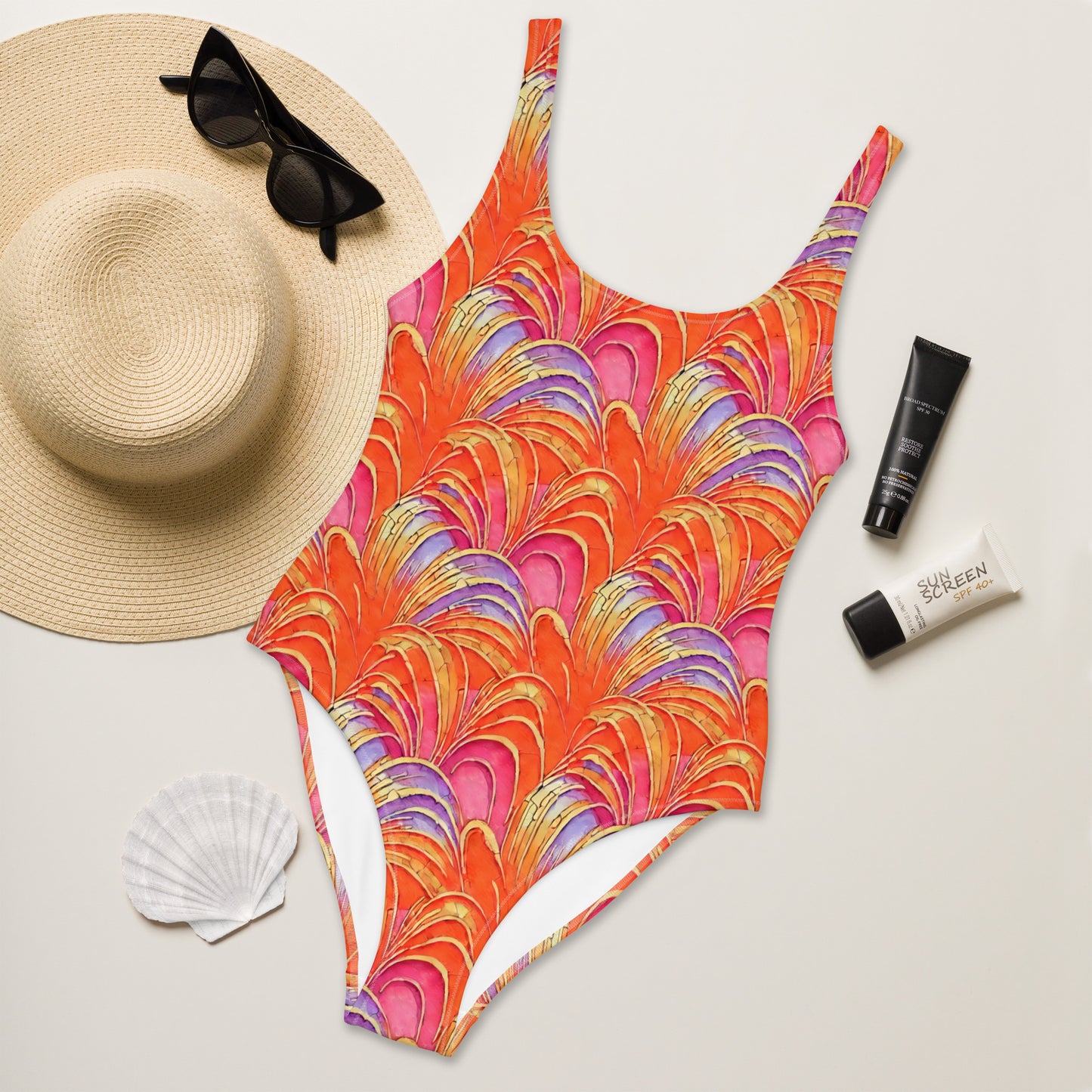 Orange Pink Art Deco One-Piece Swimsuit