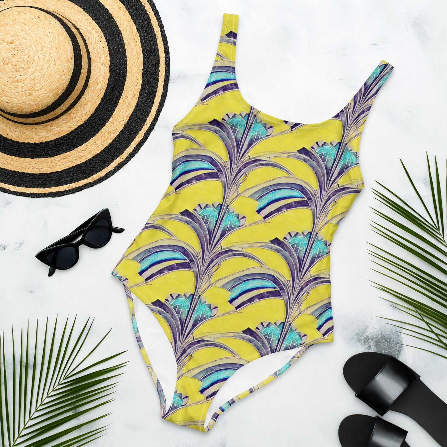 Blue Flower Yellow Art Deco One-Piece Swimsuit