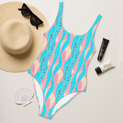 Pastel Pink Blue Art Deco One-Piece Swimsuit