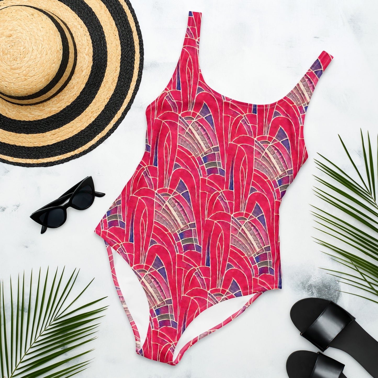 Red Fern Art Deco One-Piece Swimsuit