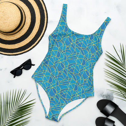 Teal Blue Glass Art Deco One-Piece Swimsuit