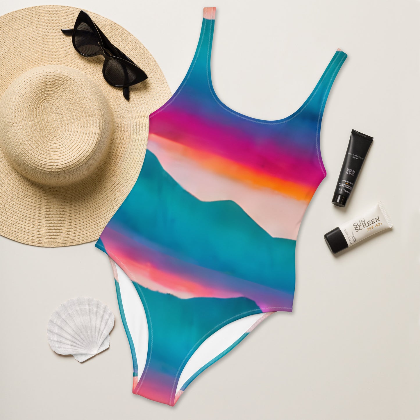 Pink Sunset Blue Mountains One-Piece Swimsuit