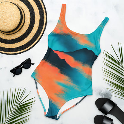 Orange Sunset Blue Mountains Sky One-Piece Swimsuit