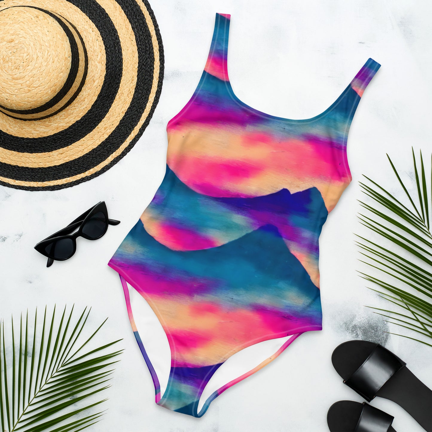 Neon Pink Sunset Blue Mountains One-Piece Swimsuit