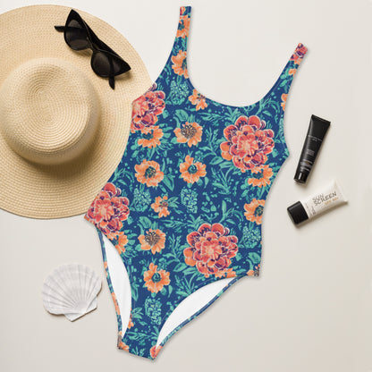 Garden Flowers Blue One-Piece Swimsuit