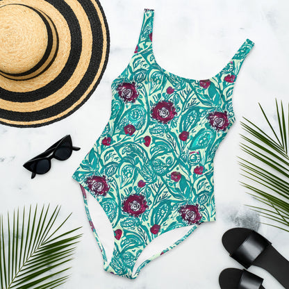 Teal Red Flowers One-Piece Swimsuit