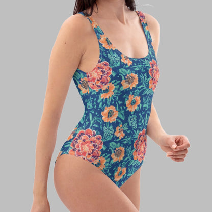 Garden Flowers Blue One-Piece Swimsuit