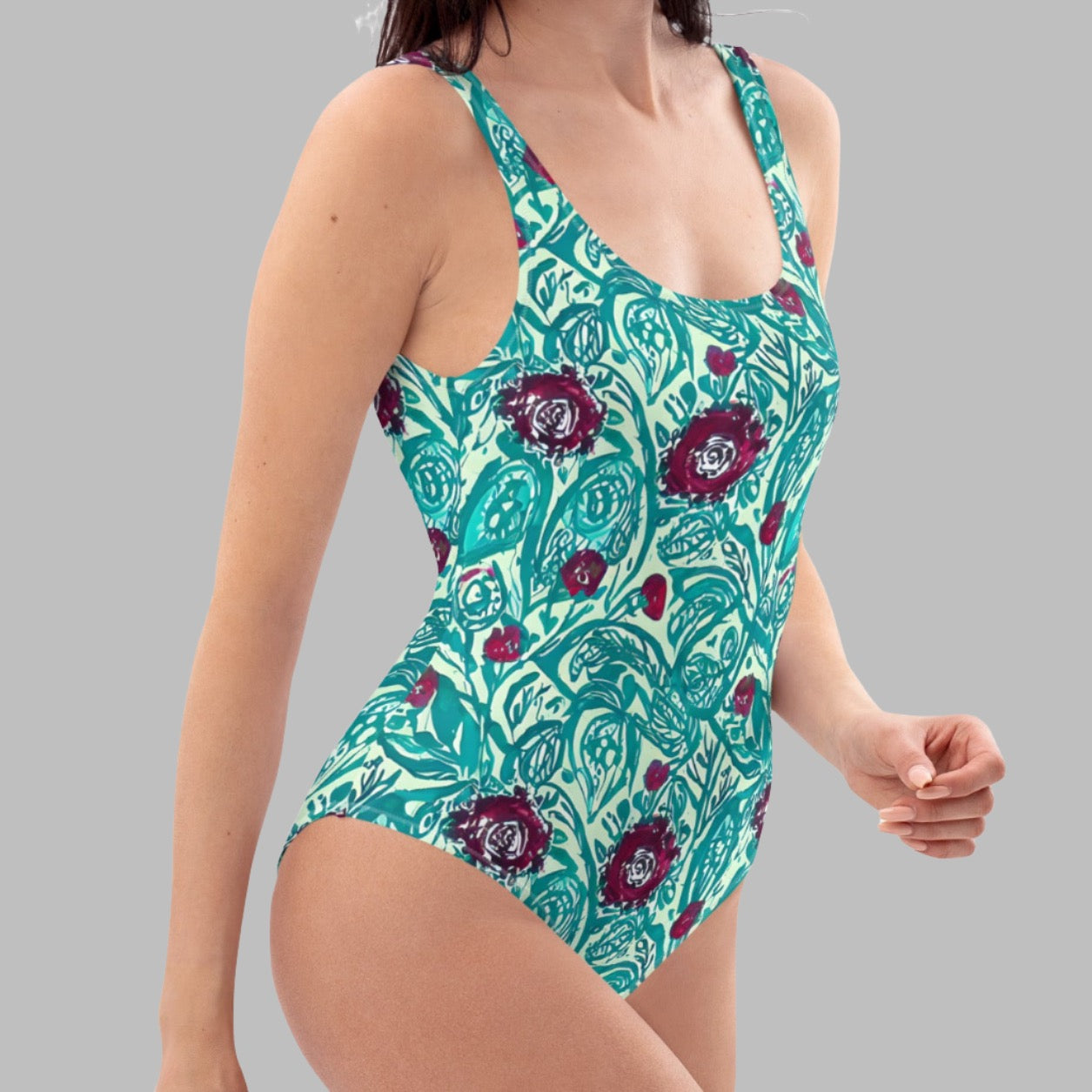 Teal Red Flowers One-Piece Swimsuit