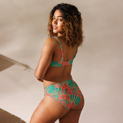 Tropical Plants Green Orange High-Waisted Bikini