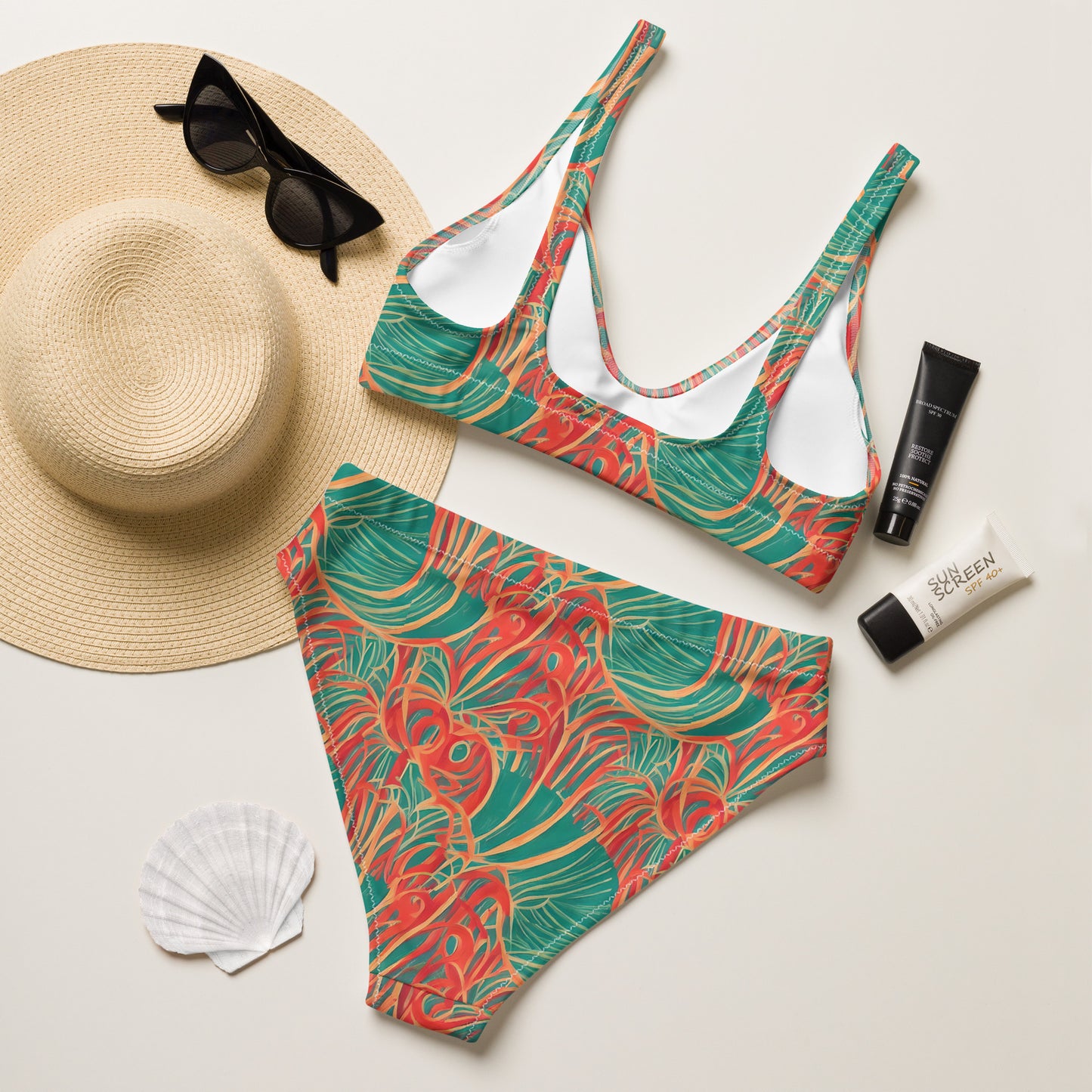 Tropical Plants Green Orange High-Waisted Bikini