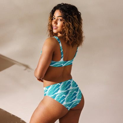 Turquoise White Waves High-Waisted Bikini