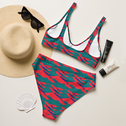 Neon Red Sunset Teal Mountains High-Waisted Bikini,