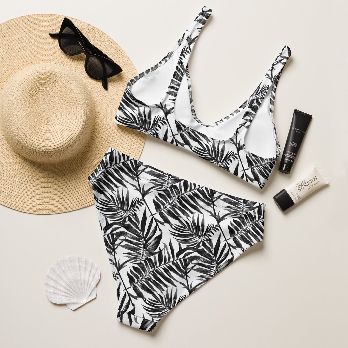 Black Palms White High-Waisted Bikini