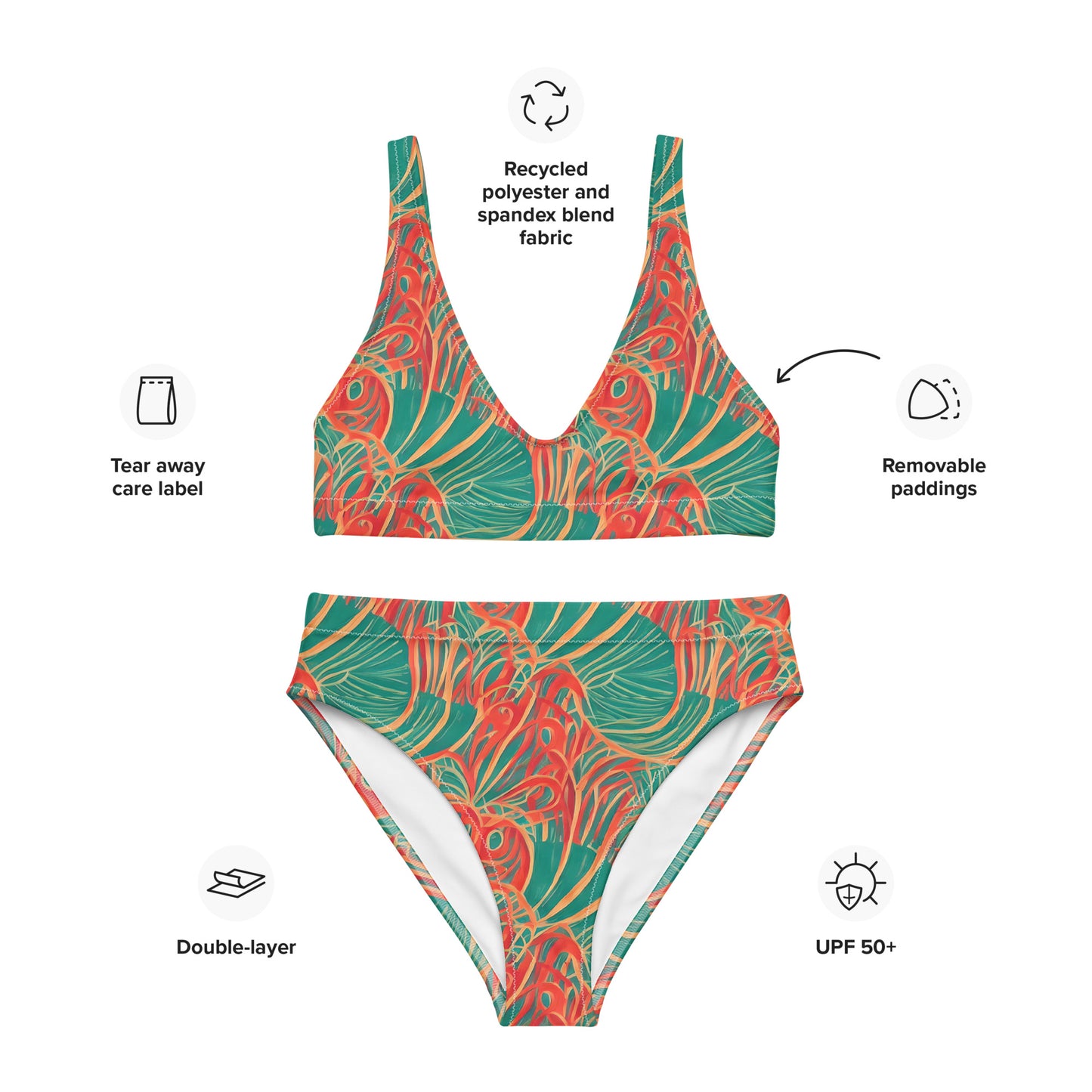 Tropical Plants Green Orange High-Waisted Bikini