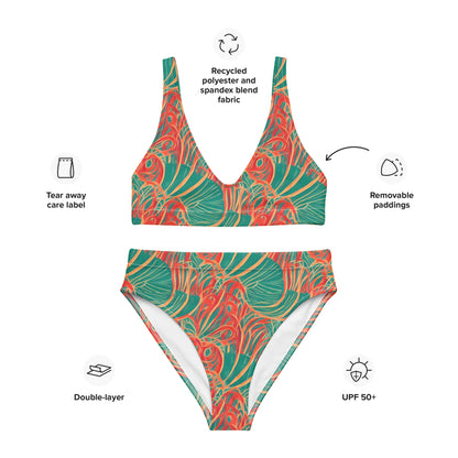 Tropical Plants Green Orange High-Waisted Bikini