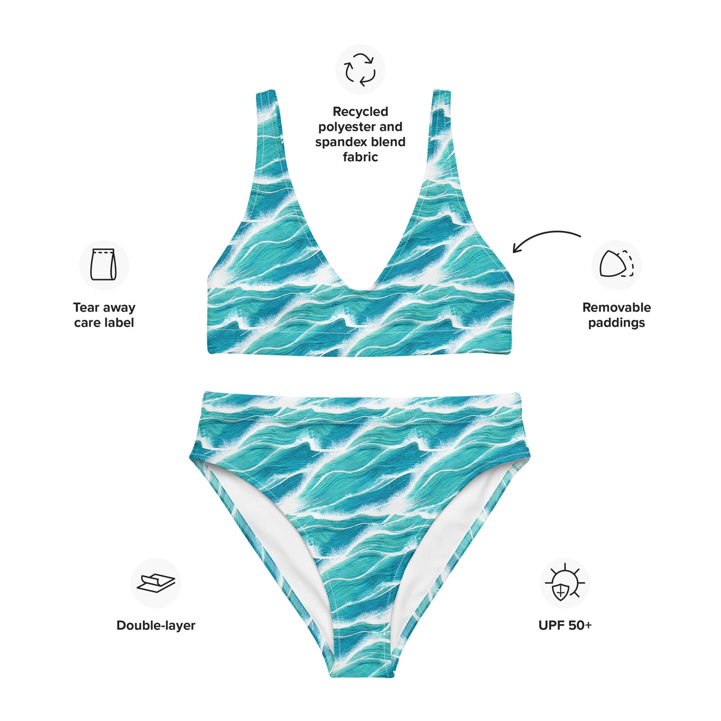 Turquoise White Waves High-Waisted Bikini