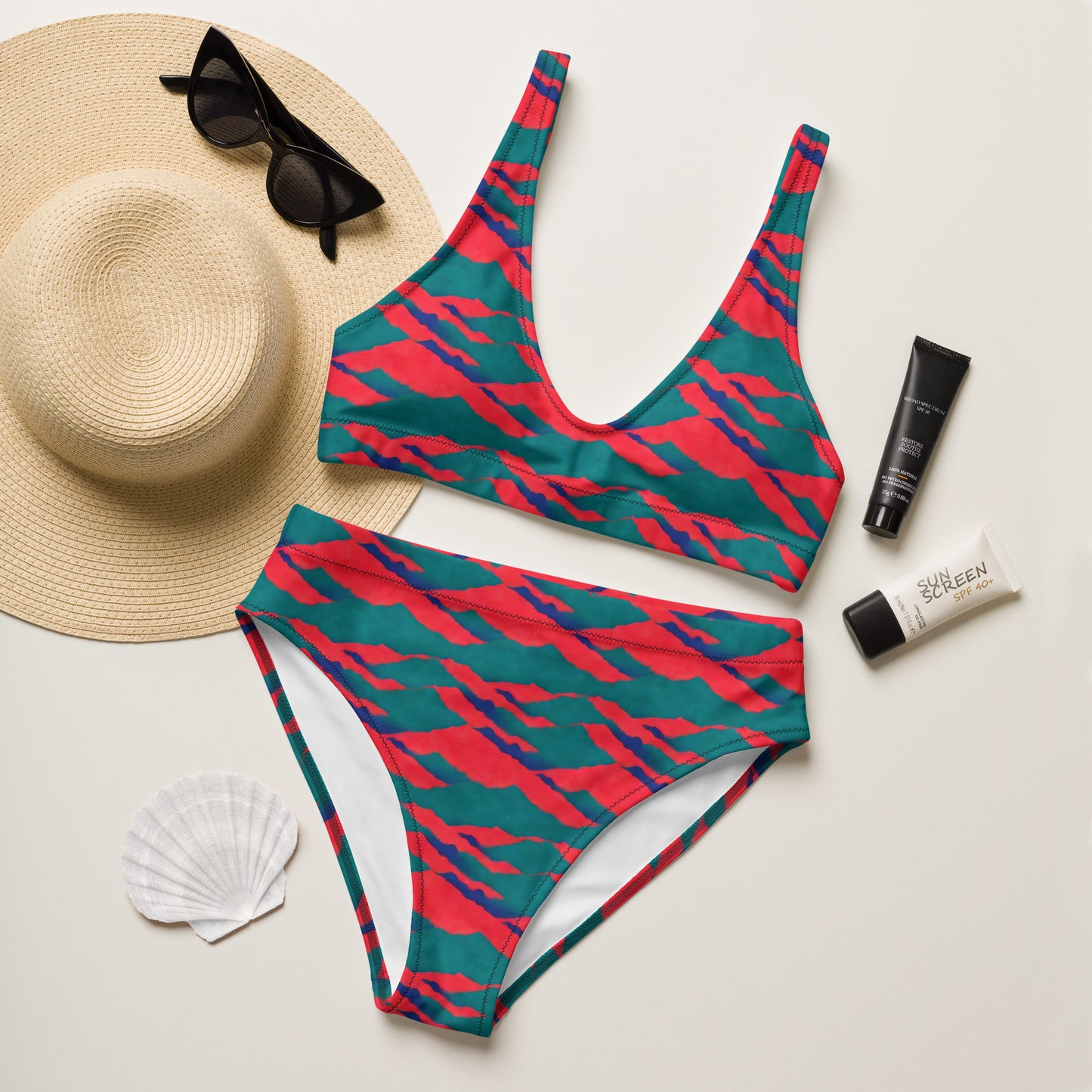 Neon Red Sunset Teal Mountains High-Waisted Bikini,