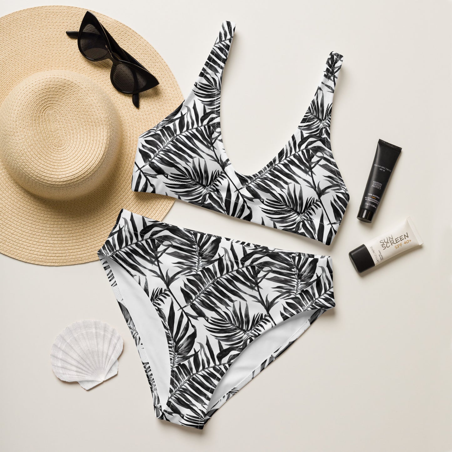 Black Palms White High-Waisted Bikini