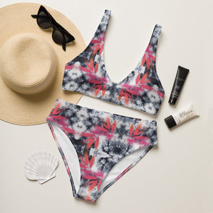 Pink Tropical Spray Paint Black Tie Dye High-Waisted  Bikini