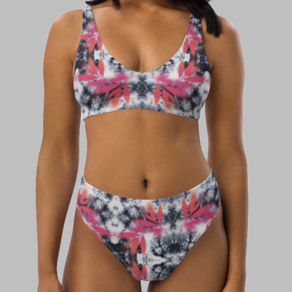 Pink Tropical Spray Paint Black Tie Dye High-Waisted  Bikini