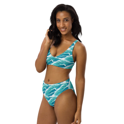 Turquoise White Waves High-Waisted Bikini