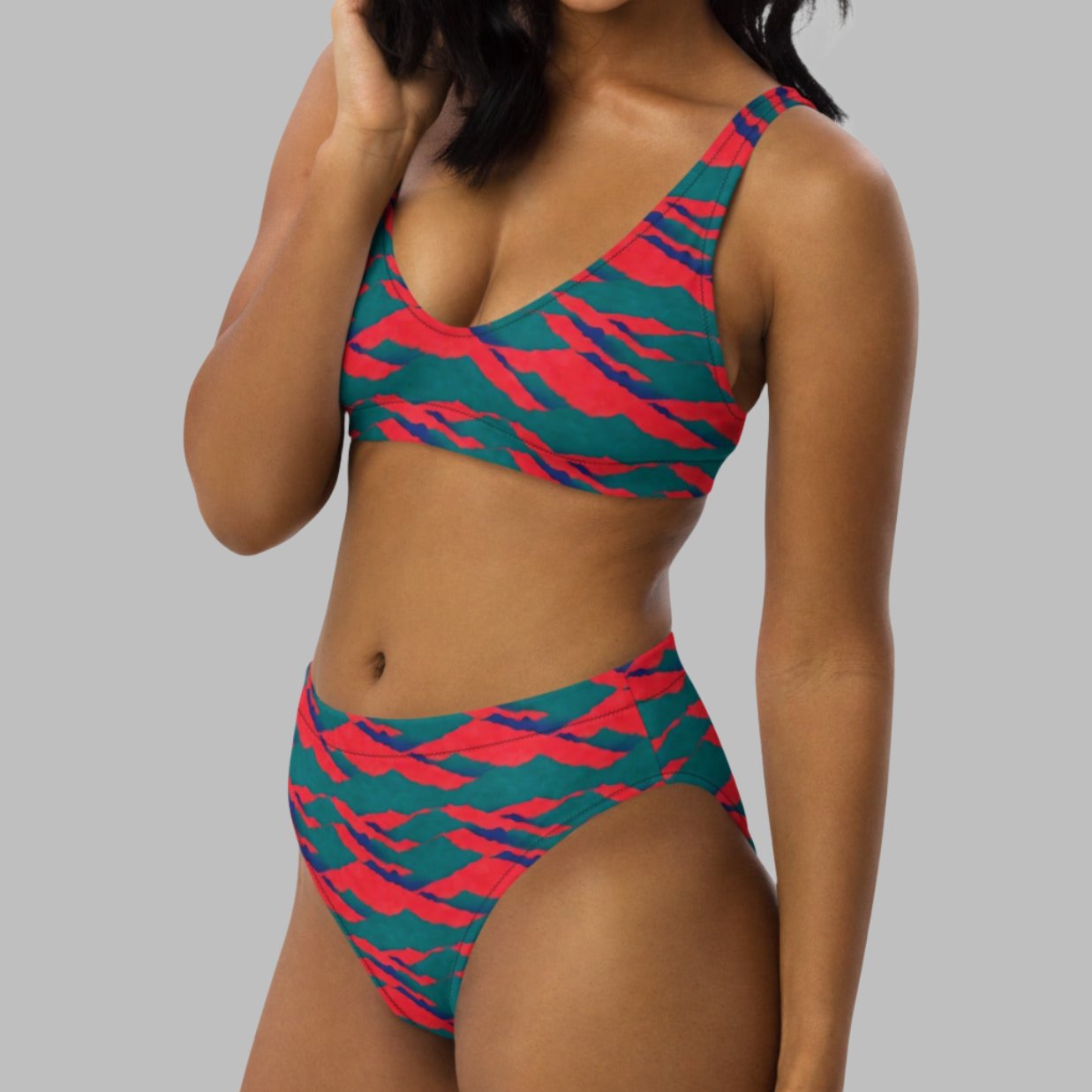 Neon Red Sunset Teal Mountains High-Waisted Bikini,