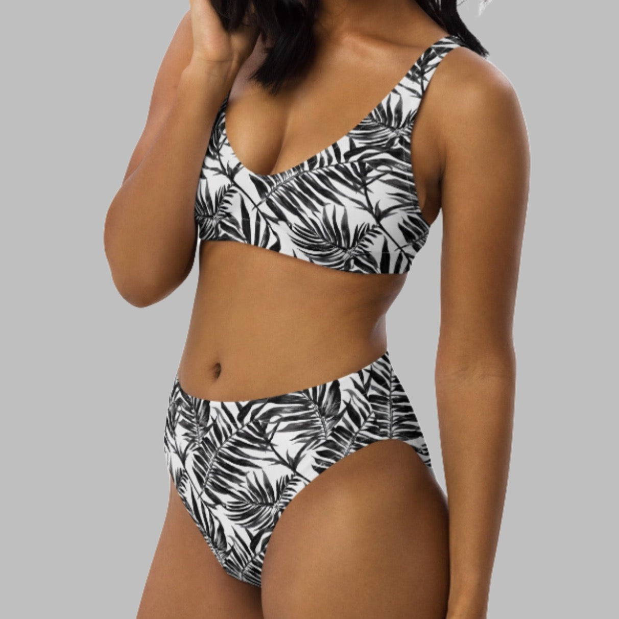 Black Palms White High-Waisted Bikini