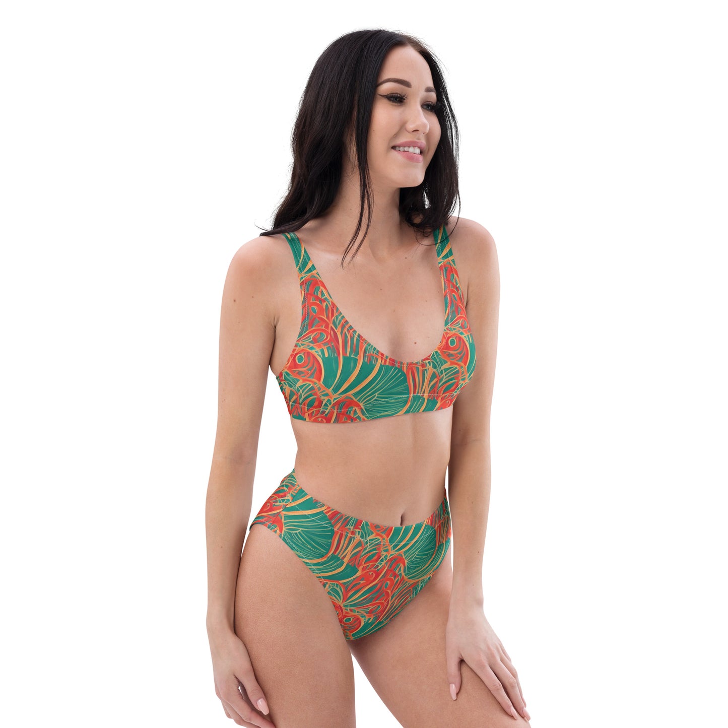 Tropical Plants Green Orange High-Waisted Bikini